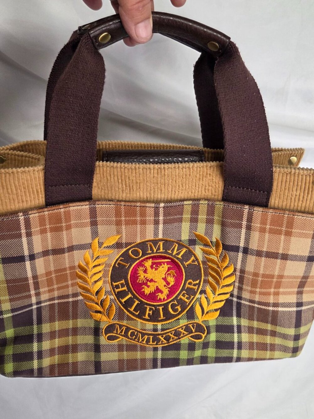 Tommy Hilfiger Y2K Plaid Corduroy Mini Tote Handbag Crest Lion Logo